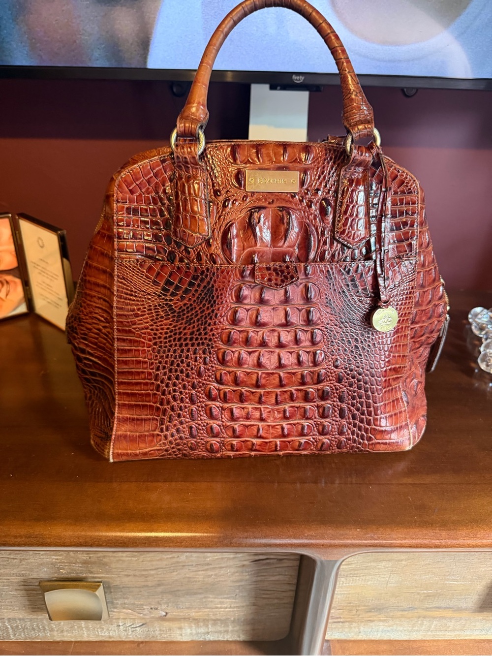 Brahmin Cognac Croc-Embossed Leather Satchel